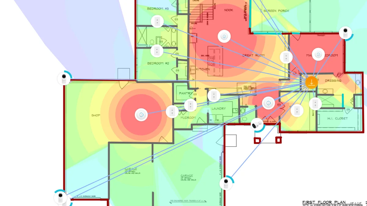 Planta de residência com mapa de cobertura e pontos de acesso da rede Wi-Fi