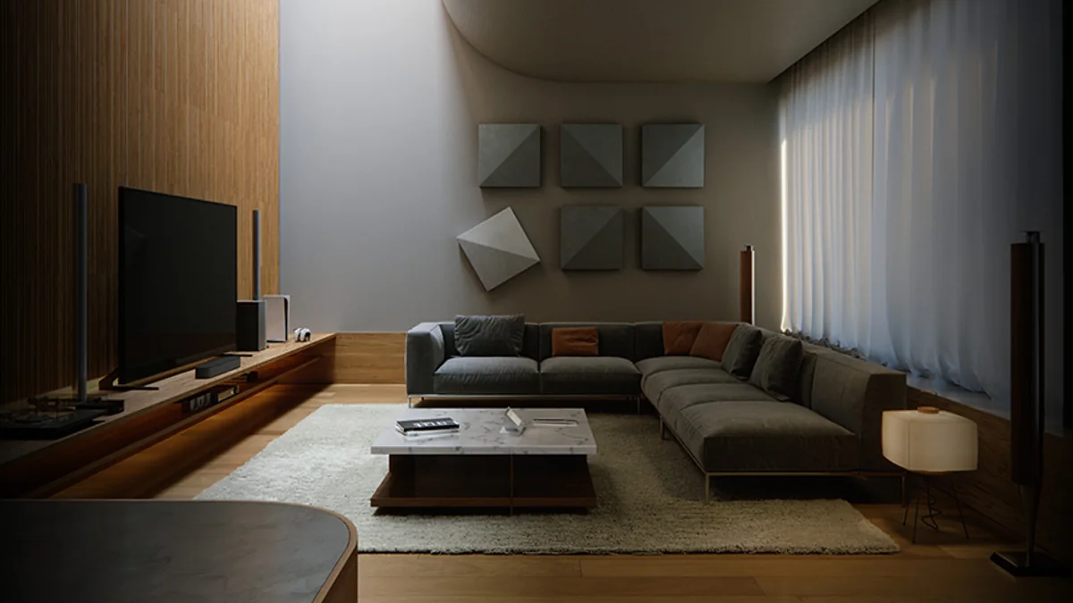 Sala residencial integrada com painéis acústicos decorativos instalados na parede