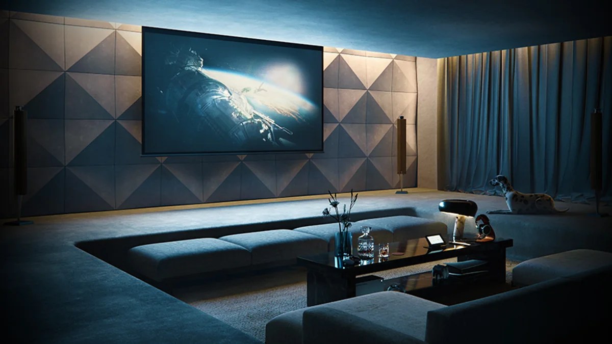 Sala dedicada de home theater com painéis acústicos, cortinas e revestimentos absorventes