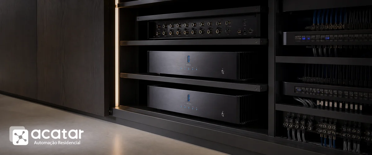 Amplificadores para som ambiente instalados em rack técnico residencial com identidade visual Acatar