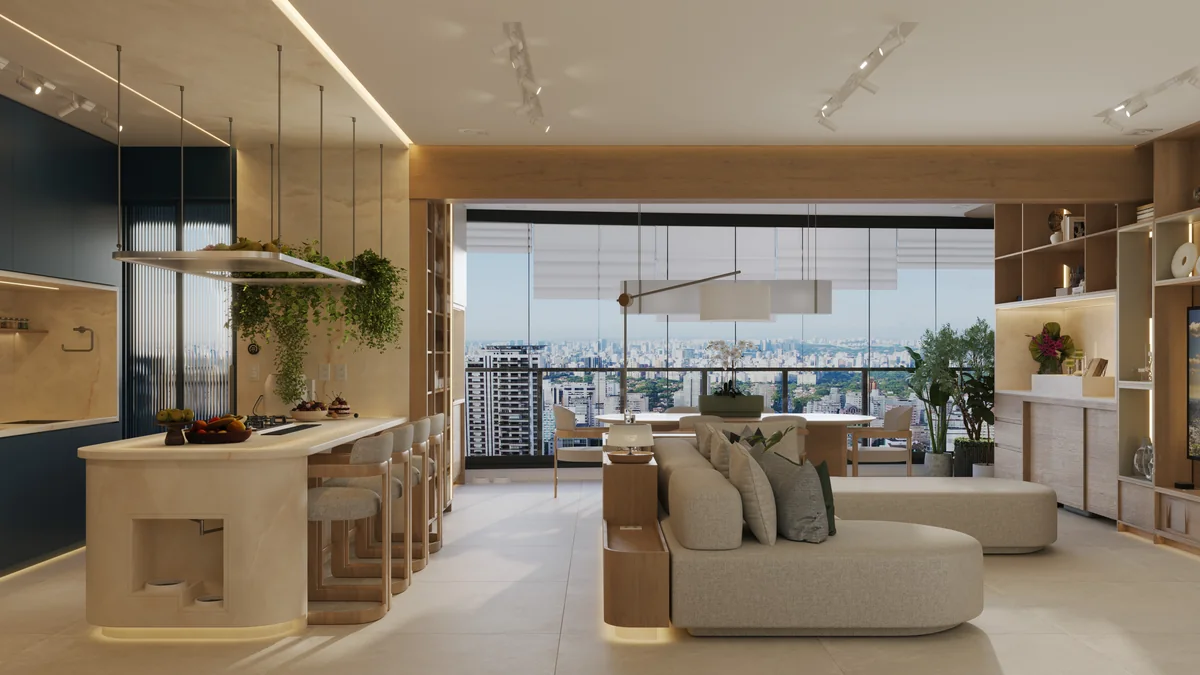 Sala de apartamento com televisão, iluminação e áudio integrados à arquitetura