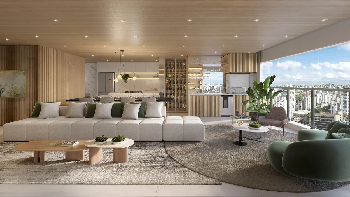 Apartamento com iluminação arquitetural e persianas integradas à área social