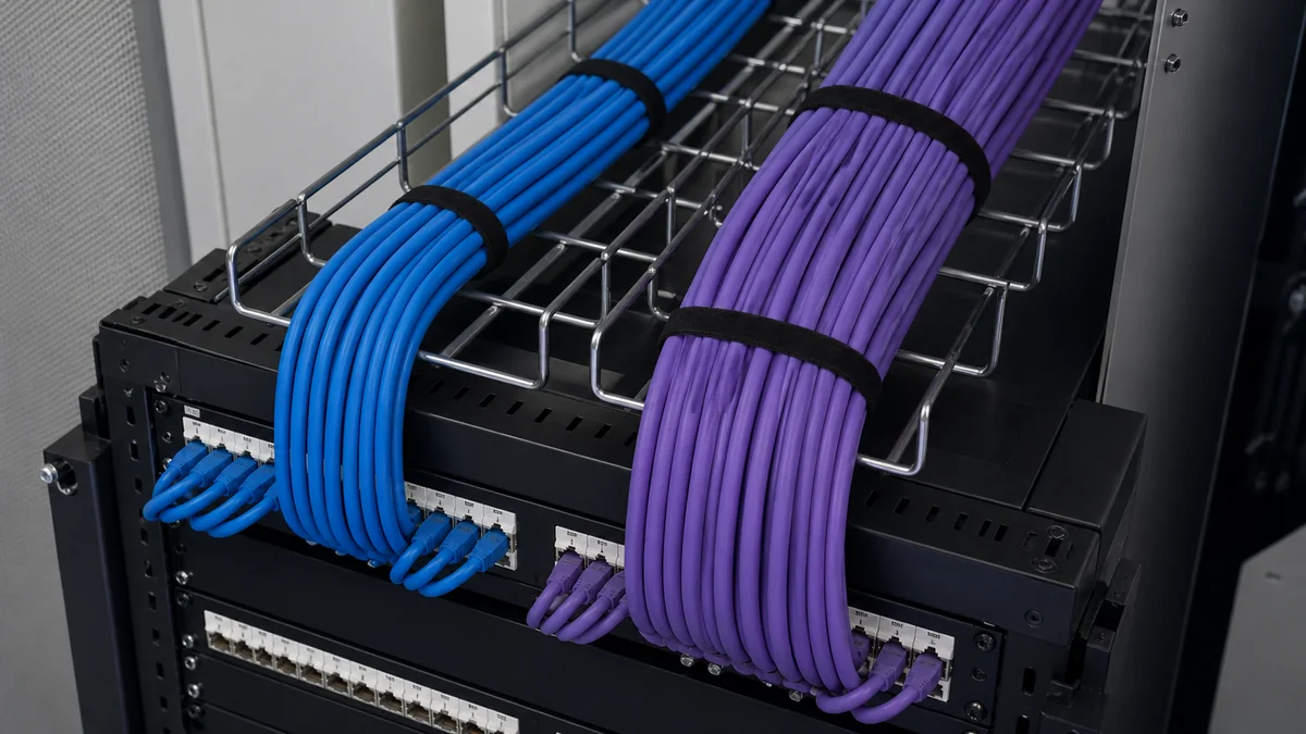 Feixes de cabos de rede organizados em rota e rack corporativo