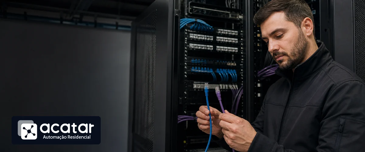 Técnico comparando cabos de rede Cat6 e Cat6A em rack corporativo