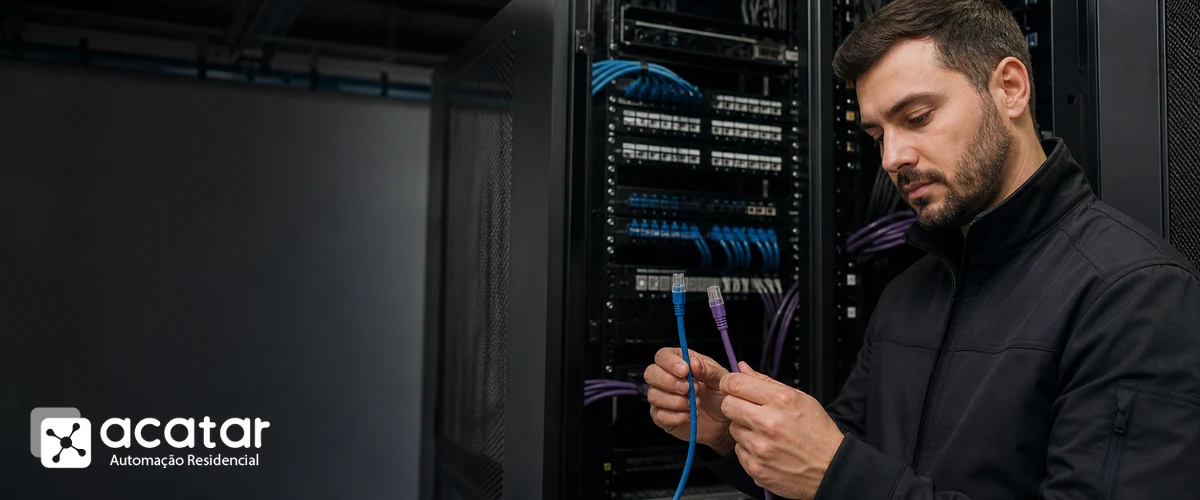 Comparação entre cabo Cat6 e Cat6A Técnico comparando cabos de rede Cat6 e Cat6A em rack corporativo