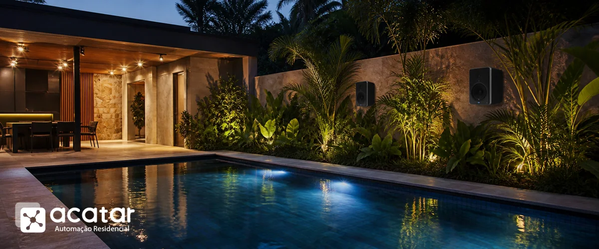 Caixa de som para piscina Piscina residencial com caixas de som externas integradas ao paisagismo e identidade visual da Acatar Automação