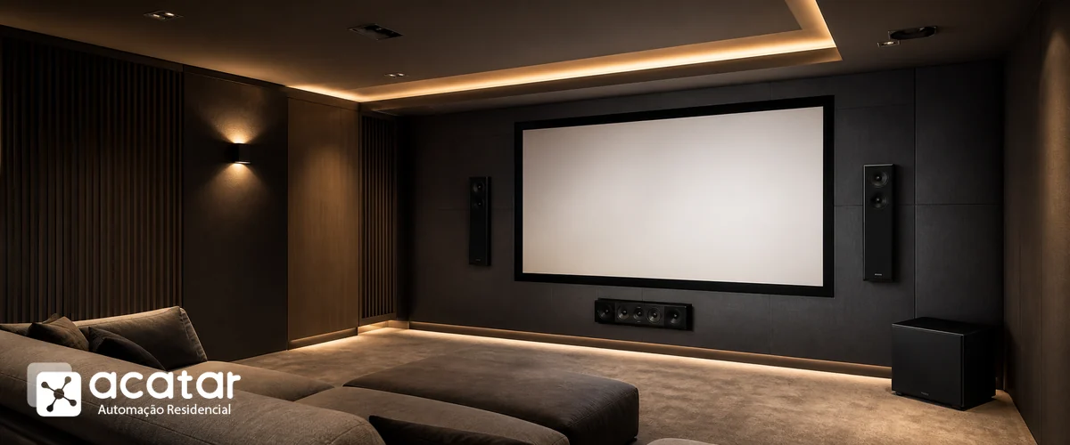 Sala de home theater com caixas frontais, central, subwoofer e caixas de teto
