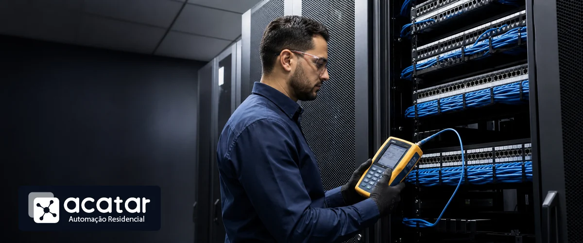 Técnico certificando cabeamento estruturado em rack corporativo