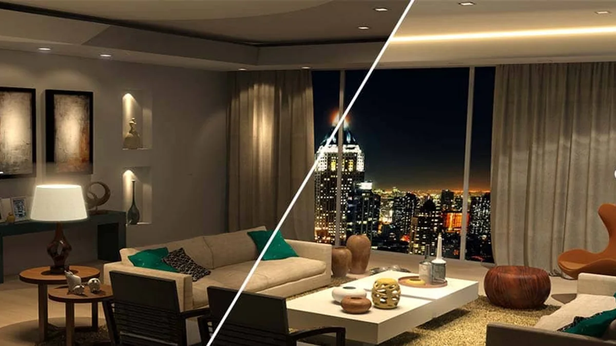 Sala residencial exibindo diferentes cenas e intensidades de iluminação