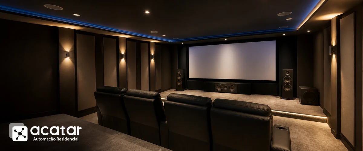 Sala de cinema residencial com caixas frontais, surround, subwoofer e caixas de teto para Dolby Atmos com identidade visual da Acatar Automação
