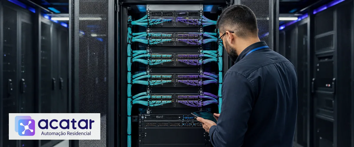 Backbone de fibra óptica organizado em rack empresarial