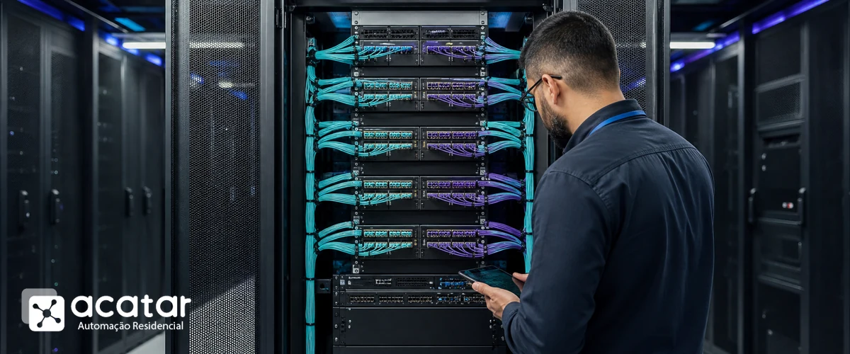 Fibra óptica em empresas Backbone de fibra óptica organizado em rack empresarial