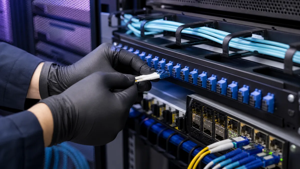 Técnico conectando fibra óptica LC em DIO de rack corporativo