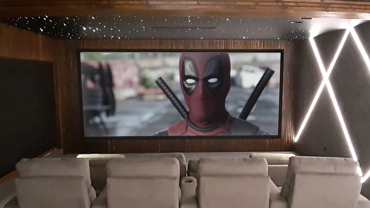 Projeto de home cinema utilizado para planejar tela, caixas acústicas, iluminação e assentos