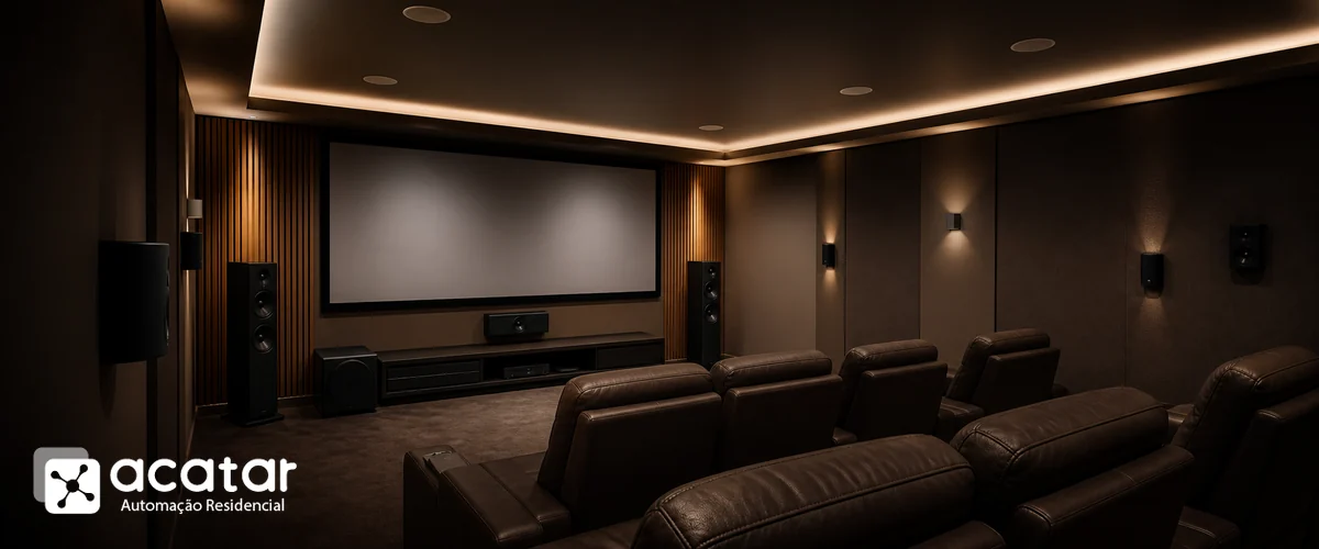 Sala de home theater com caixas frontais, surround, subwoofer e canais de teto Dolby Atmos com identidade visual da Acatar Automação