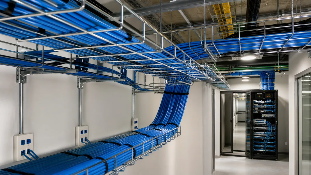 Cabeamento corporativo organizado em eletrocalhas chegando ao rack de rede