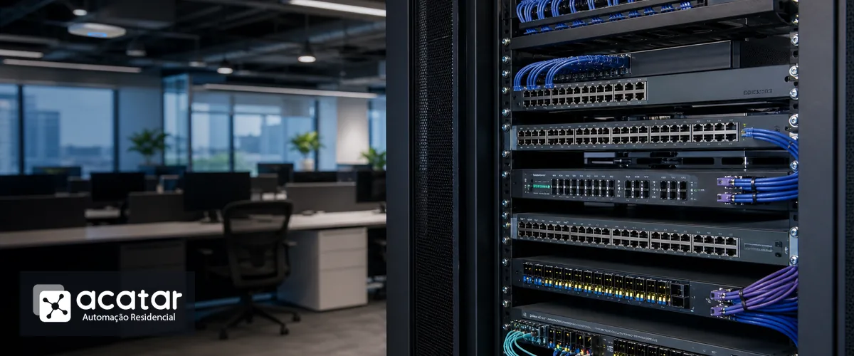 Infraestrutura de rede corporativa com rack, cabeamento e escritório