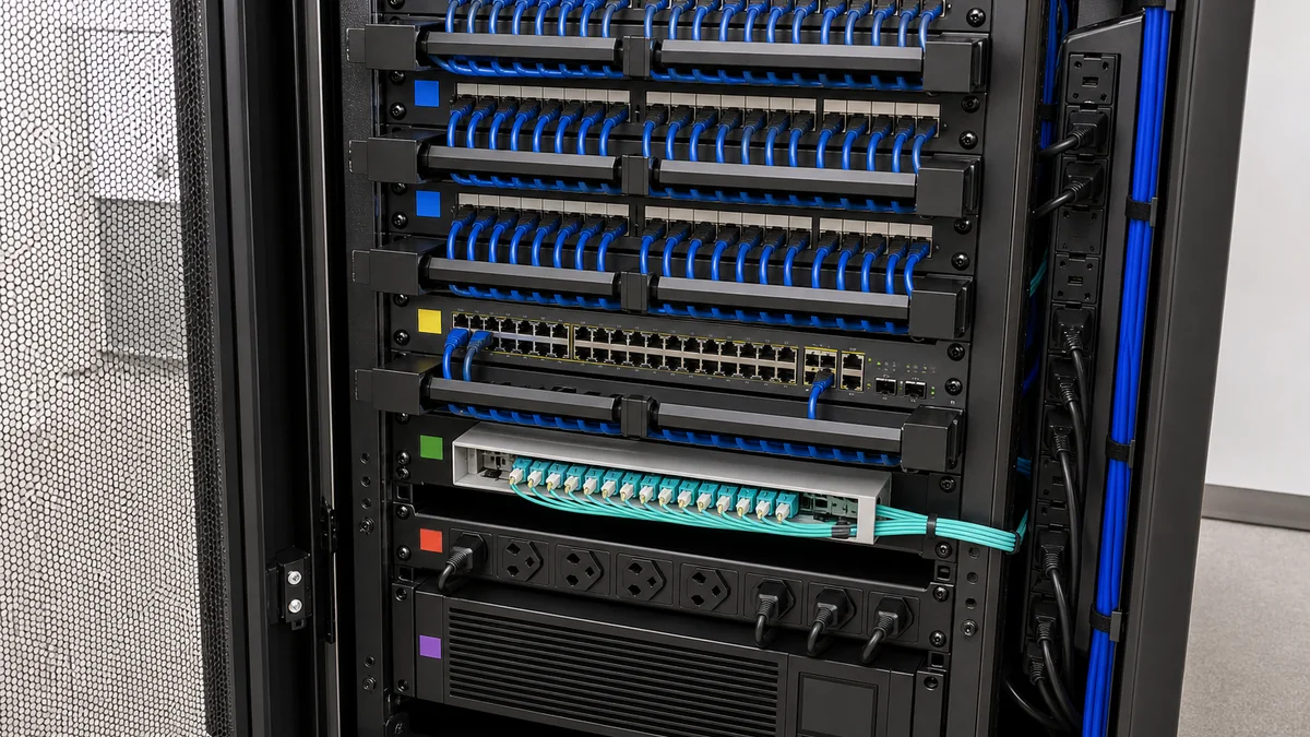 Rack de rede organizado com patch panels, switches, fibra óptica, PDU, nobreak e organizadores de cabos