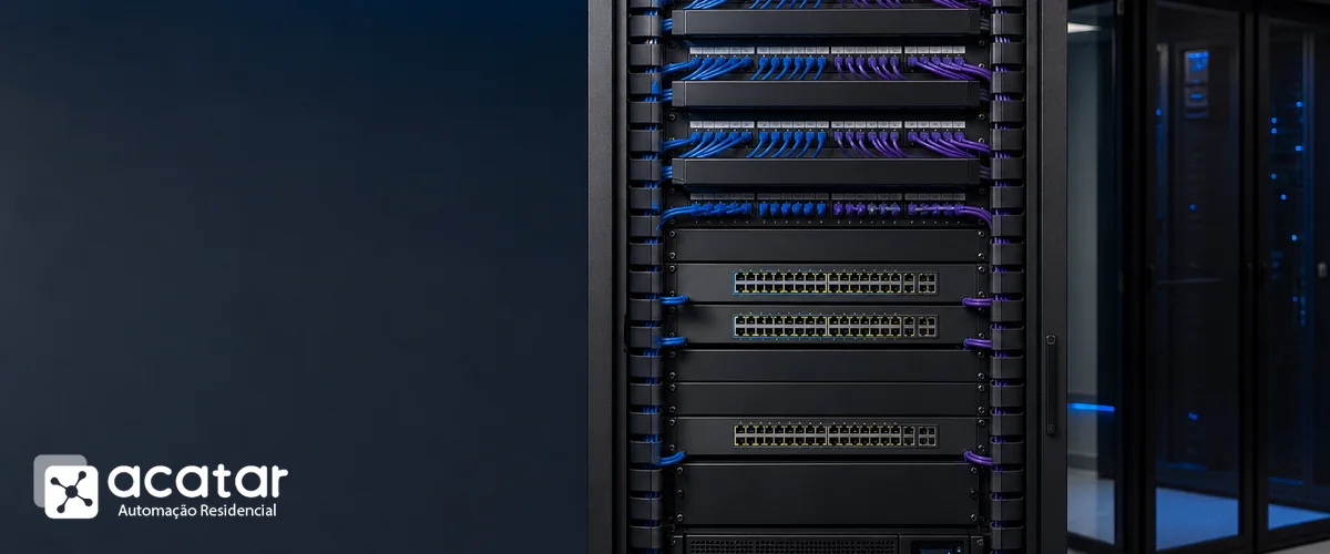 Rack de rede corporativo montado e organizado com identidade visual da Acatar Automação