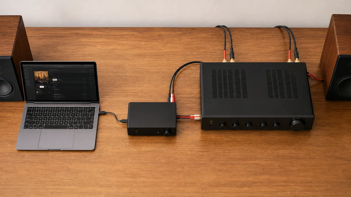 Notebook conectado a um DAC, que envia o sinal analógico para amplificador e caixas acústicas