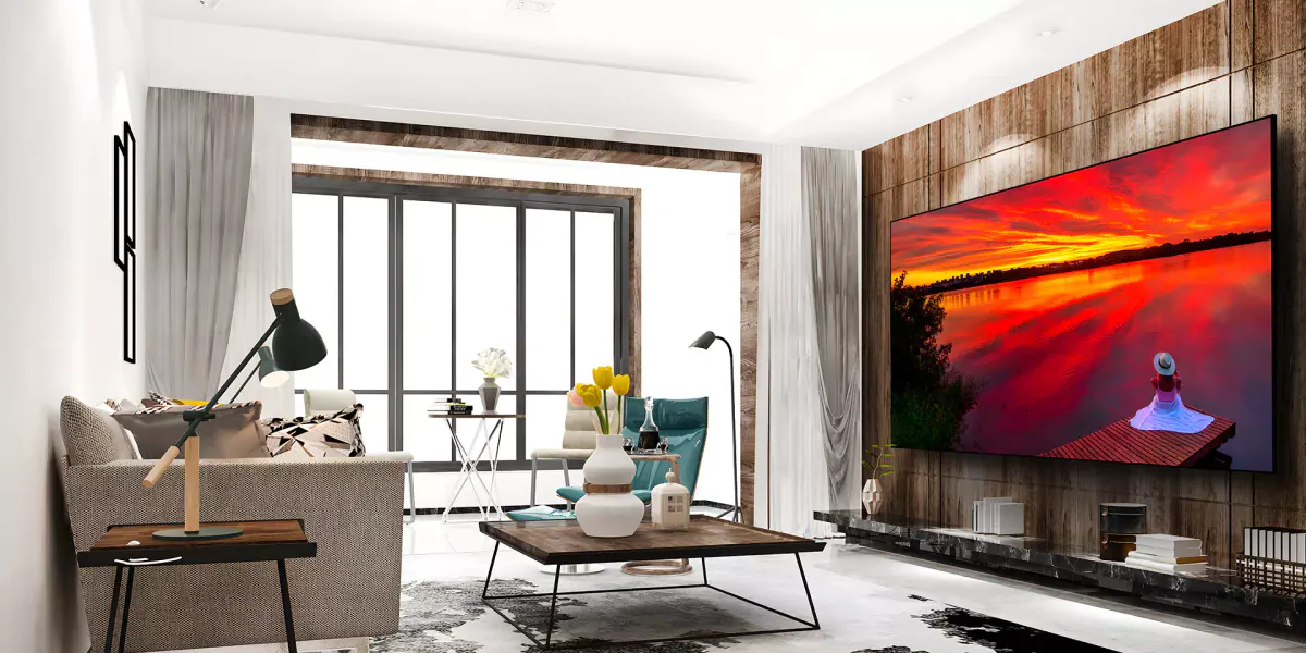 Sala residencial com um grande painel de LED integrado ao projeto de interiores