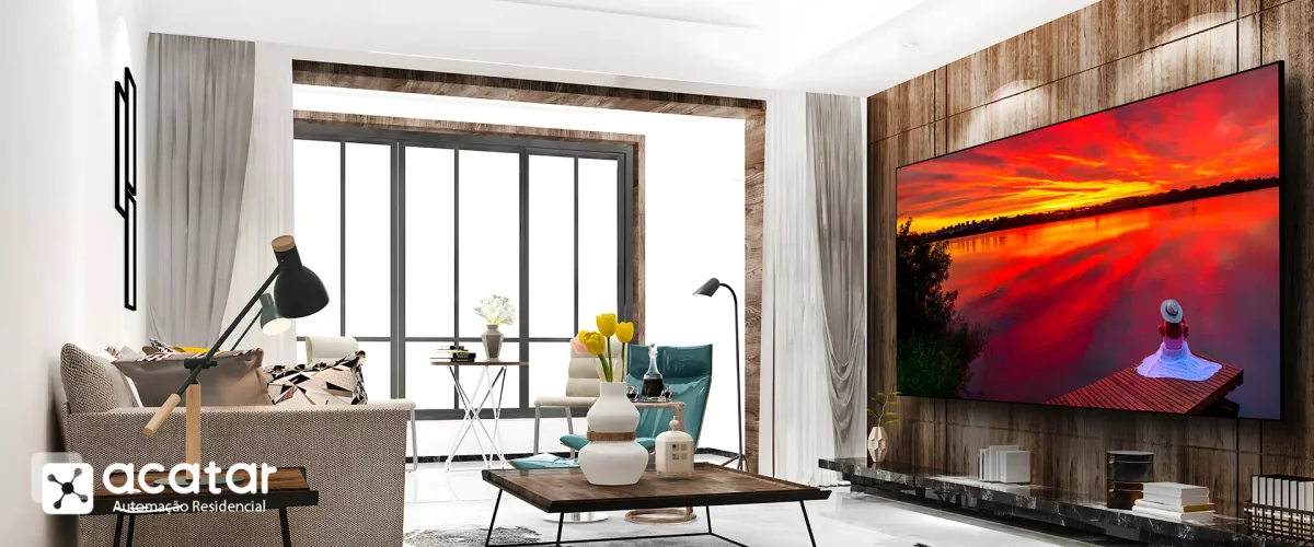 Sala de estar com grande painel de LED integrado ao projeto de interiores