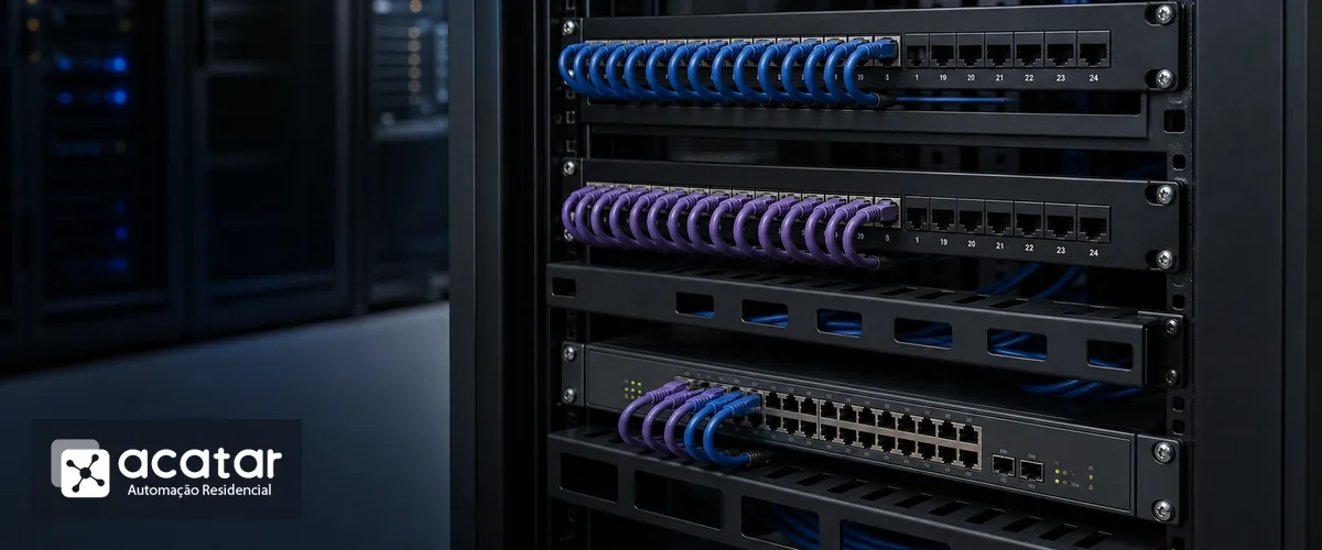 Patch panel em rack de rede Patch panels com portas organizadas e conectadas ao switch em rack corporativo