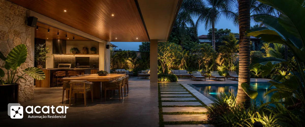 Área gourmet, jardim e piscina com caixas de som externas distribuídas e identidade visual da Acatar Automação