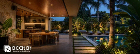 Área gourmet, jardim e piscina com caixas de som externas distribuídas