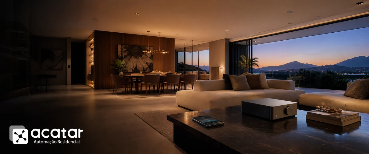Sala residencial com smartphone, streamer amplificado e caixas de som de teto