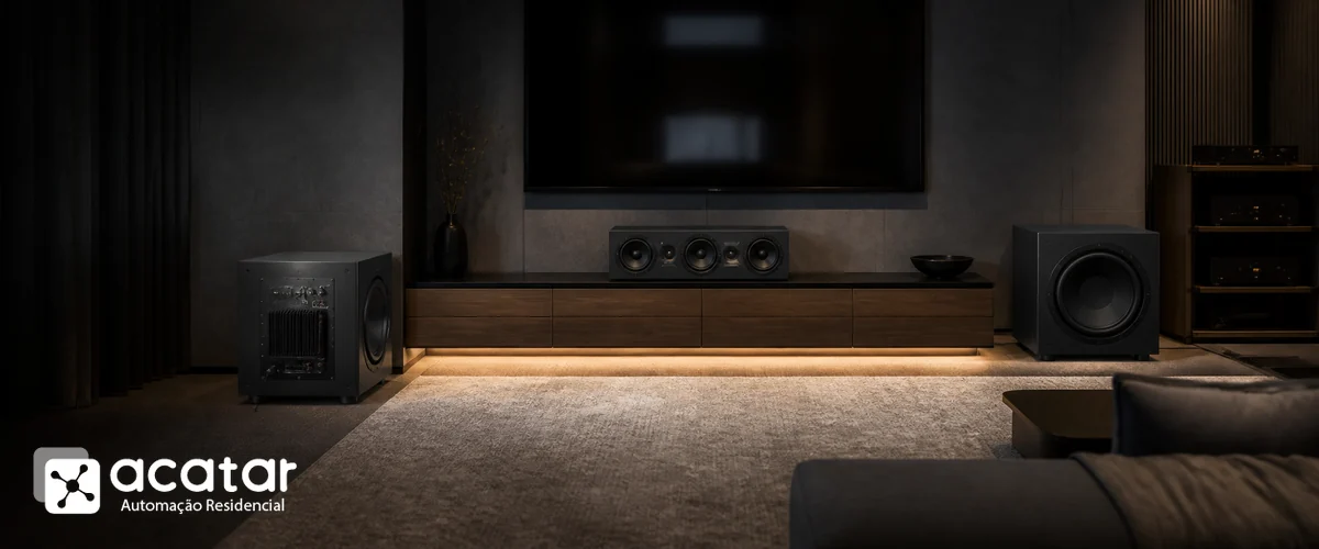Subwoofer ativo e subwoofer passivo em uma sala de home theater com identidade visual da Acatar Automação