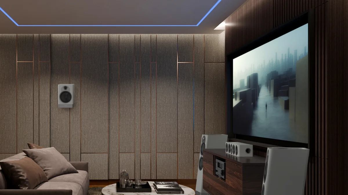 Receiver, caixas acústicas e subwoofer que compõem um sistema de som surround