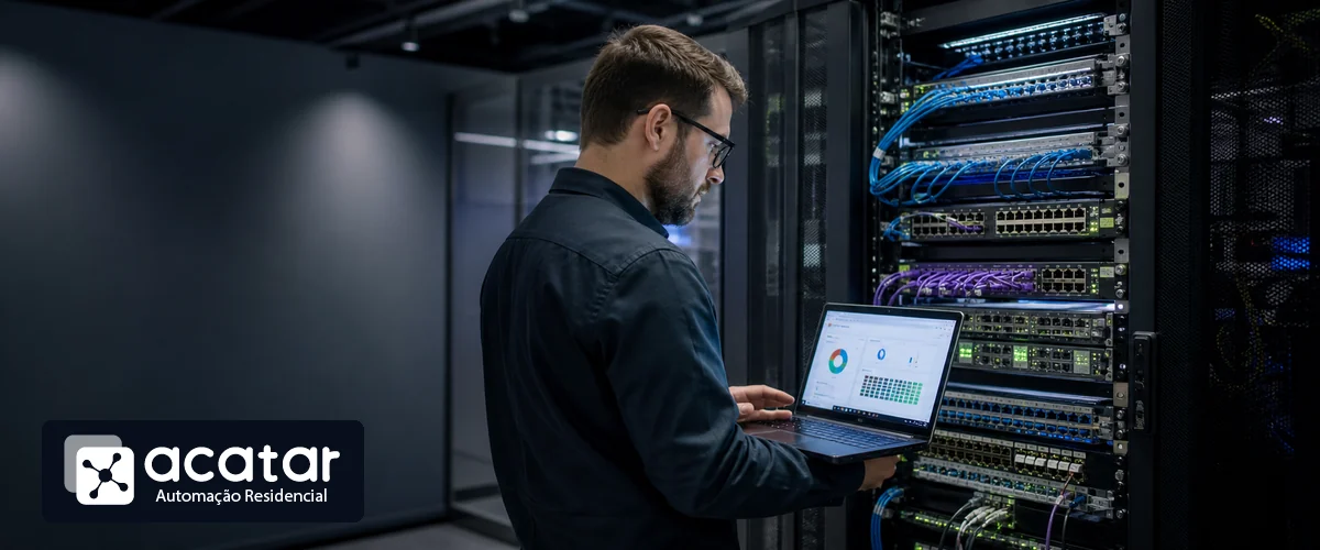 Técnico configurando switch gerenciável em rack corporativo