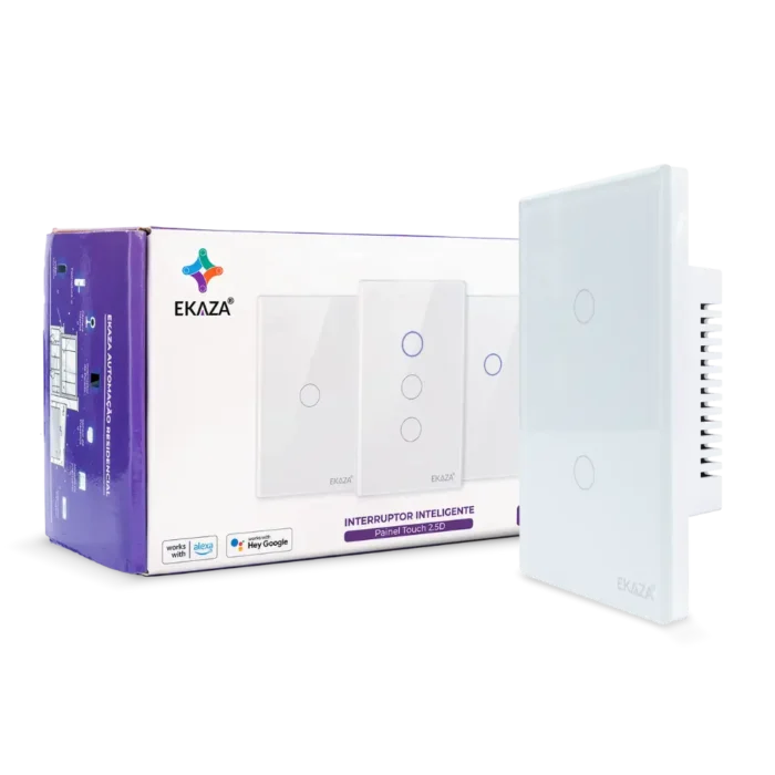 Interruptor Inteligente 2 Tecla Touch 2.5D Zigbee - Caixa e Produto