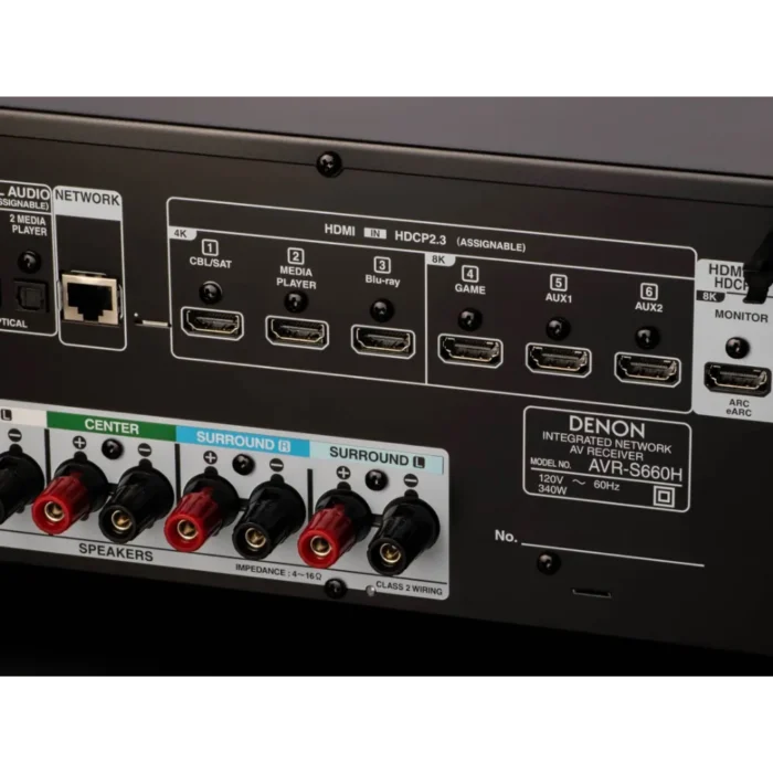 Interface HDMI 8K e portas de conexão do modelo AVR-S660H.