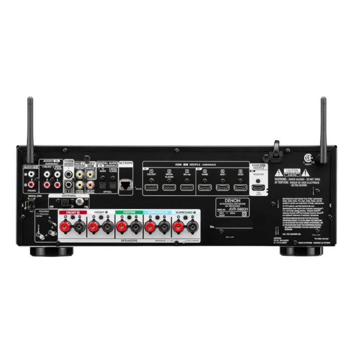 Painel traseiro do receiver com conexões HDMI e entradas de áudio